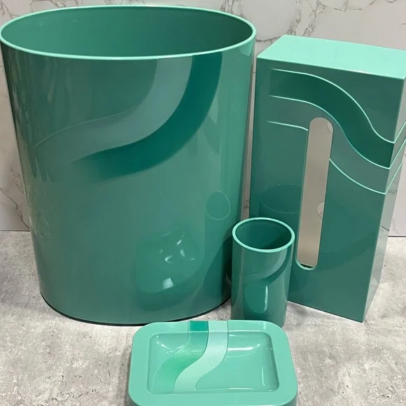 Vintage seafoam teal plastic bathroom accessories waste bin cup soap dish tissue - Picture 2 of 16